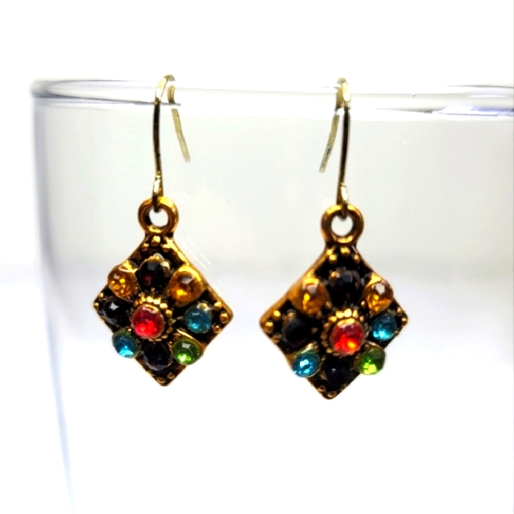 Vintage Gold and Colored Jewel Amber Blue Green and Red Earrings Diamond Shape